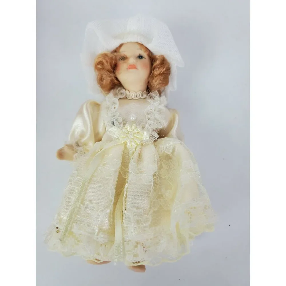 Vintage Kurt S‎ Adler Miniature Porcelain Doll Ornament Brown Hair Lace Dress